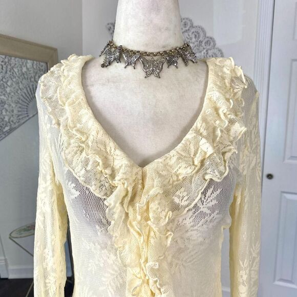 Newport Cream White Sheer Lace Frilly Ruffle Pirate Wench Bell Sleeve Blouse S - Picture 7 of 8